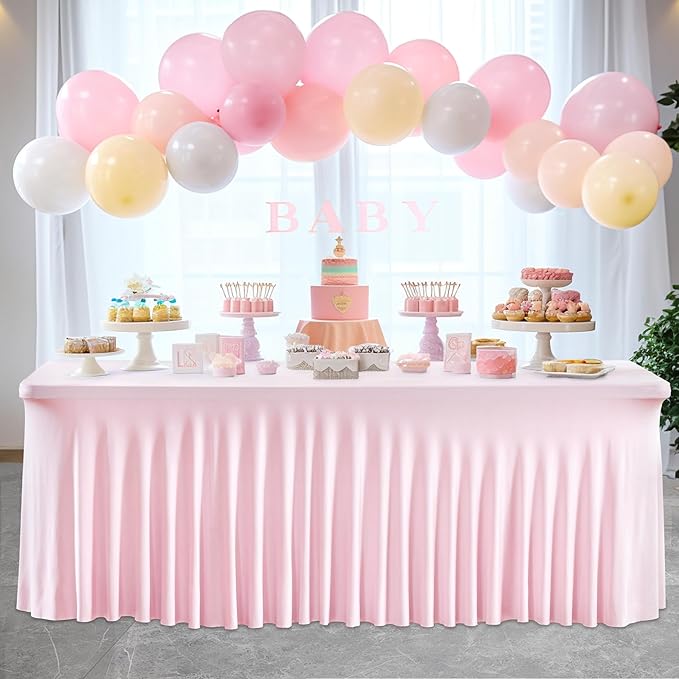 2 Packs Pink Table Clothes for 6 Foot Rectangle Tables, One-Piece Wrinkle Resistant Stretch Spandex Table Covers with Skirt for Event Banquet Wedding Birthday Party