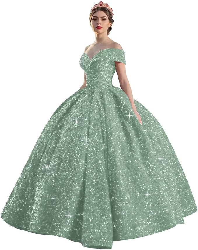 Quinceanera Dress Long Ball Gown Sparkly Sequin Off Shoulder V Neck Prom Dresses