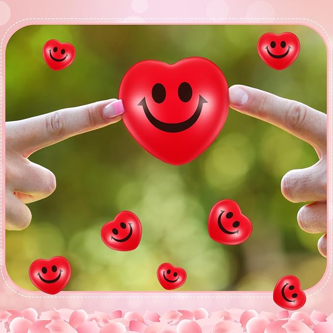 Zubebe 48 Pcs 2.76'' Valentine's Day Heart Stress Balls Heart Shaped Smile Face Ball Stress Relief Balls Valentines Day Gifts for Staff Kids Adults Party Favors School Reward (Red)