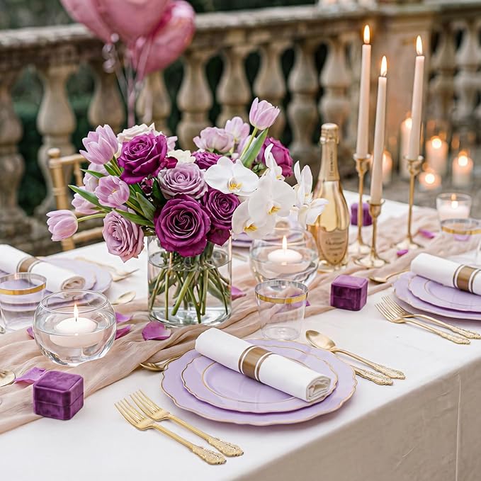 Liacere 350PCS Purple Plastic Plates - Disposable Light Purple and Gold Plates 50guest Baroque Plastic Dinnerware include 100Plates,50Pack Pre Rolled Napkins with Silverware 50Cups for Valentine’s Day