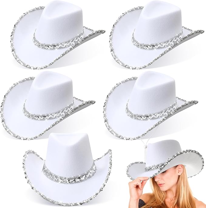 Hercicy 6 Pack Western Cowboy Hats with Rhinestone Tassel Bands Sequin Trim Sparkly Cowgirl Party Hats for Adults Women Men