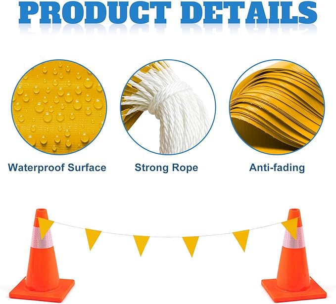 Preboun 197FT Pennant Banner Flags High Visibility Safety Marking Flags Traffic Resistant Warning Signs Rooftop Flagging for Roadwork, Hazard Areas, Construction Sites(9 x 12 Inch,Yellow)