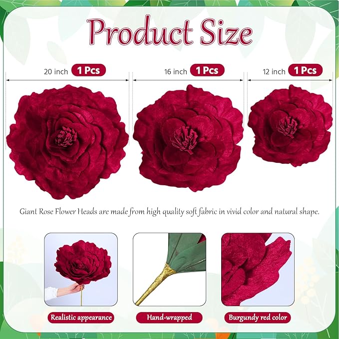 Norme 3 Pcs Valentine Giant Flowers for Decoration 12, 16, 20 Inch Large Rose Petals Giant Flowers Large Burgundy Red Rose for Wedding, Home Decor, Anniversary Birthday Valentine's Day