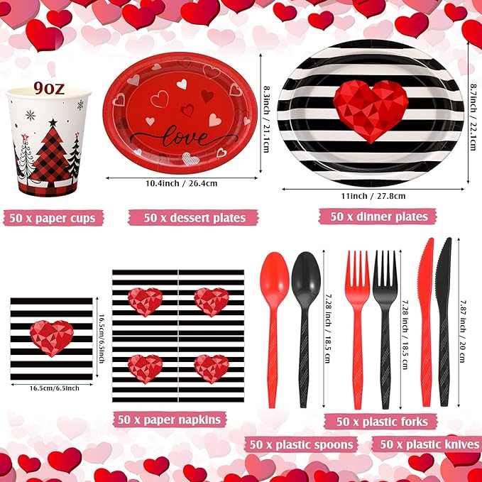 350 Pieces Valentine's Day Dinnerware - Valentines Plates and Napkins Paper Cups Plastic Forks Spoons Knives, Red and Black Love Heart Tableware Set for 50 Guests Valentine Party Supplies