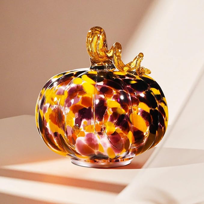 Handcrafted Glass Pumpkin with Warm LED Lights - Halloween & Thanksgiving Decor, Gift-Worthy Fall Home Decoration, 5.9-Inch Light-Up Tabletop Centerpiece (Vine Orange and Purple)