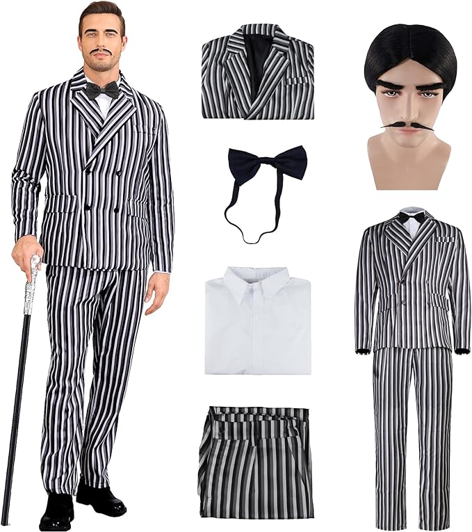 Men's 1920s Gangster Costume Wig Pinstripe Suit Blazer Jacket Shirt Pants Set with Necktie Halloween Cosplay Outfits
