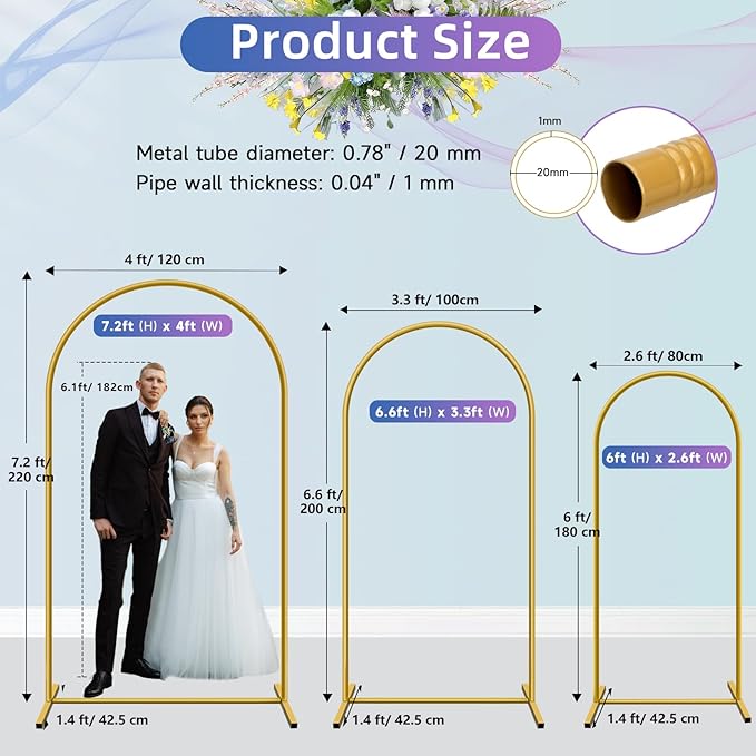 Hemmotop Metal Arch Backdrop Stand, 7.2FT+6.6FT+6FT Wedding Arches for Backdrop, Gold Background Arch Stands Set of 3, Flower Arches Frame for Birthday Party, Baby Shower, Graduation, Garden Décor
