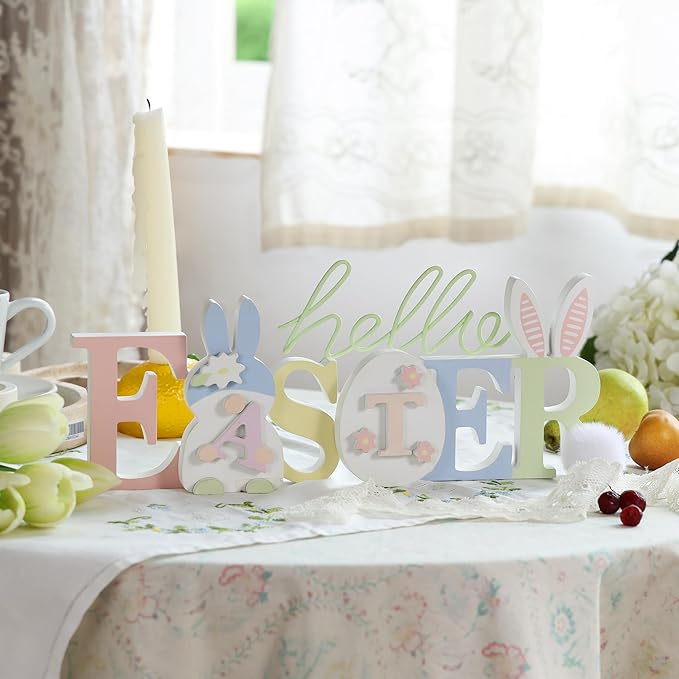 NIKKY HOME Wooden Easter Bunny Sign, Easter Decor for Table, Cute Rabbit Shaped Holiday Decor, Bunny Decorations Centerpiece for Home Mantel Shelf Decorations