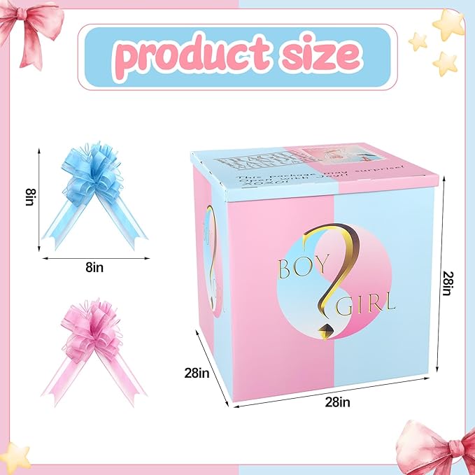 AmazingSpark 28in Jumbo Gender Reveal Gift Box Kit with Oversized Box Giant Pull Bows for Gender Reveal Baby Shower Birthday Party Decor (Boy or Girl 2)