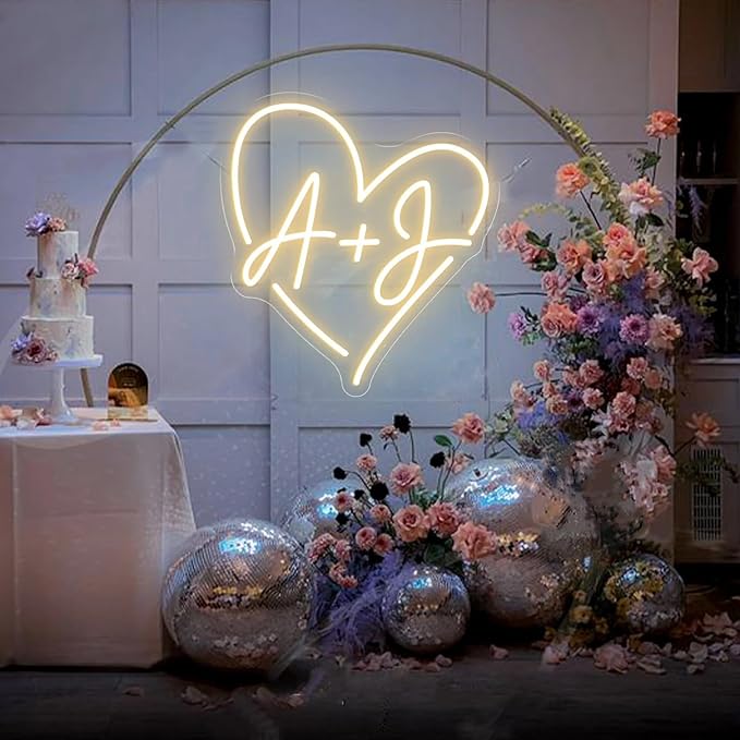Custom Wedding Initials Neon Sign Couple Initials LED Heart Neon Light Up Sign for Wedding Engagement Party Backdrop Wall Decor Personalized Gifts