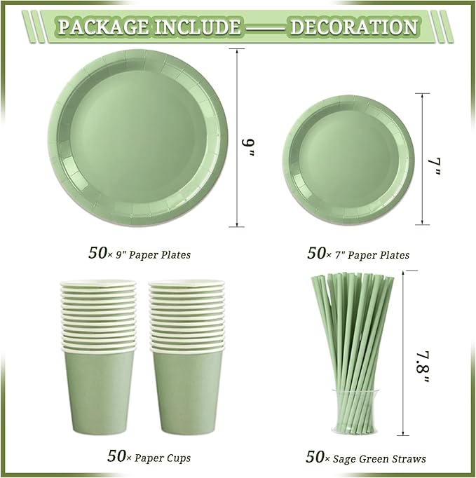 287 Pcs Birthday Decorations for Women, Sage Green Happy Birthday Decor Supplies - Banner, Balloon, Tiara, Sash, Tableware with Sage Green for 50 Guests