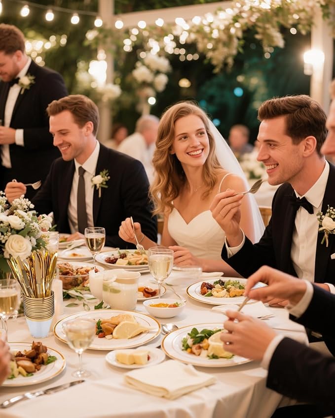 GATHER 700PCS Gold Plastic Plates - Whtie and Gold Disposable Dinnerware Sets 100Guest - 200 Disposable Plate, 300 Plastic Silverware, 100 Cups, 100 Napkins for Wedding & Party