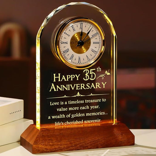 YWHL 35th Wedding Anniversary Clock Gifts for Couple, 35 Years for Wife Husband, Table Clock Glass Presents with Wooden Light Base for HomeDecoration (Battery not Included)