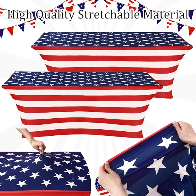 Oudain 2 Pcs Memorial Day Star Stretch Table Cover 6 Feet Patriotic Red White and Blue Spandex Table Clothes American Star Party Decorations for Independence Day Veterans Events Party Celebration