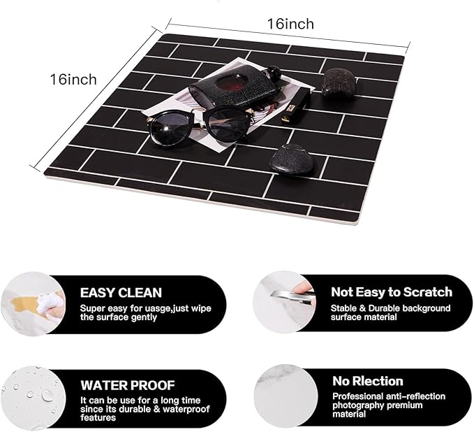 5PCS Double Sided 10 Patterns Photography Backdrop Boards, 16x16 Inch Waterproof Background Surface with 4 Brackets, Cement Marble Wood Brick Texture Backdrop for Food Jewelry Shooting