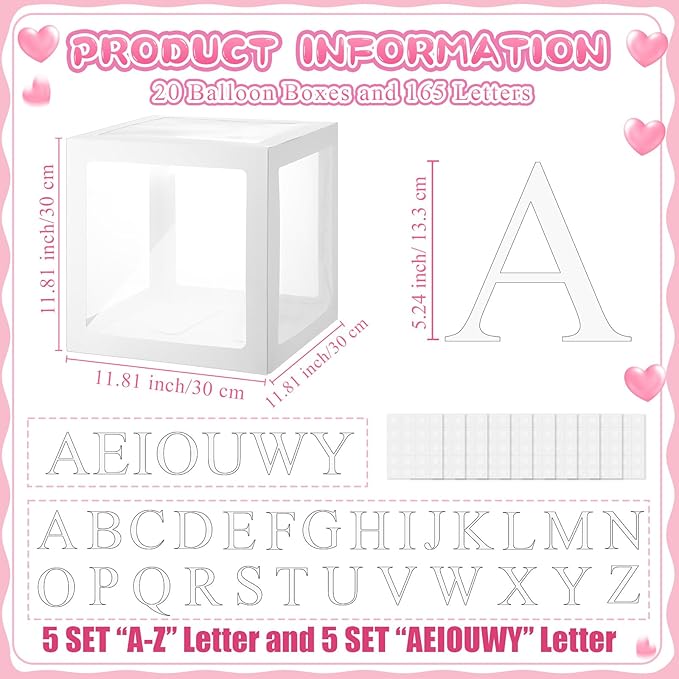 20 Pcs Transparent Balloon Boxes Baby Boxes with 165 Letters Clear Balloon Box Blocks for Baby Shower Gender Reveal Grad Birthday Party Bridal Wedding Anniversary Backdrop Decoration (White)