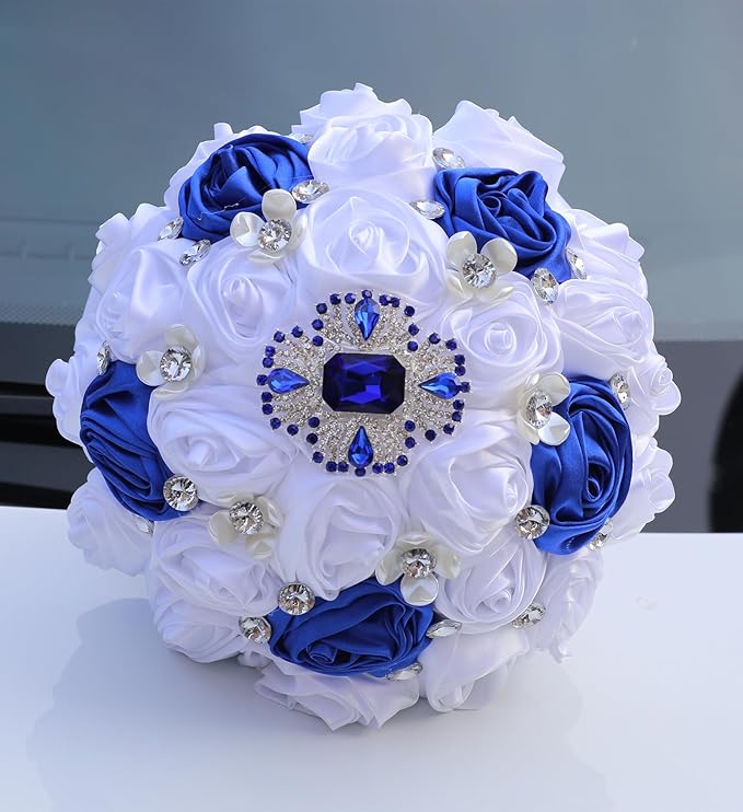 Handmade Wedding Bouquets for Bride Bridesmaid Brooch Artificial Holding Flower Tossing Bouquet(White, Royal Blue, 16cm, 1PC)