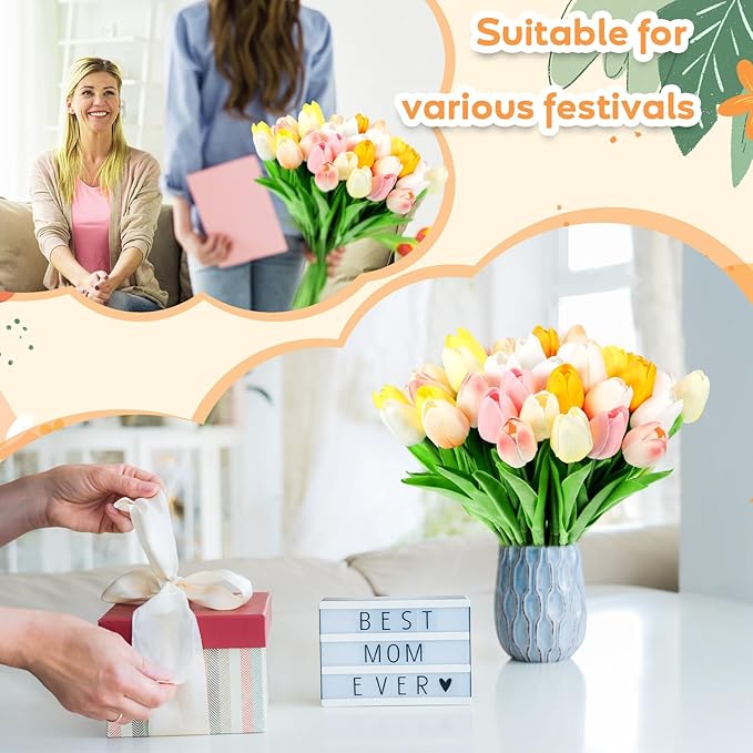Jexine 100 Pcs Artificial Real Touch Tulips Fake Artificial Tulip Flower Bulk Bouquet with Stem for Table Centerpieces Wedding Bridal Easter Mother's Day Garden Home Decor, 13.4''(Colorful)