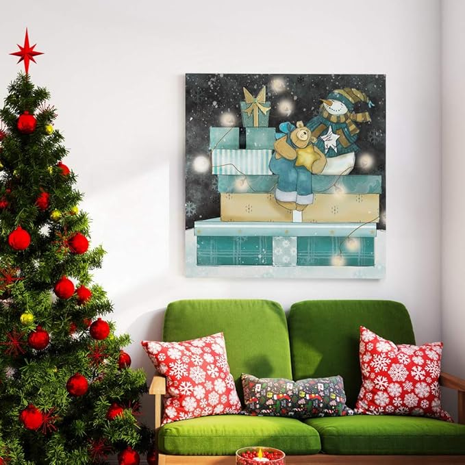 Renditions Gallery Snowman and Teddy Bear (1) Wall Art, Christmas & Winter Decor, Cute Pile of Presents, Premium Gallery Wrapped Canvas, Ready to Hang, 32 in H x 32 in W, Made in America