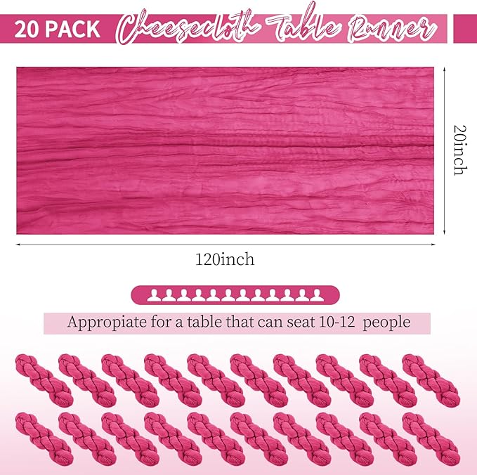 20 Pack Hot Pink Table Runner 10Ft Cheesecloth Table Runner Boho Gauze Table Runners Romantic Long Sheer Fabric Cheese Cloth Table Runners for Wedding Party Bridal Shower(Hot Pink)