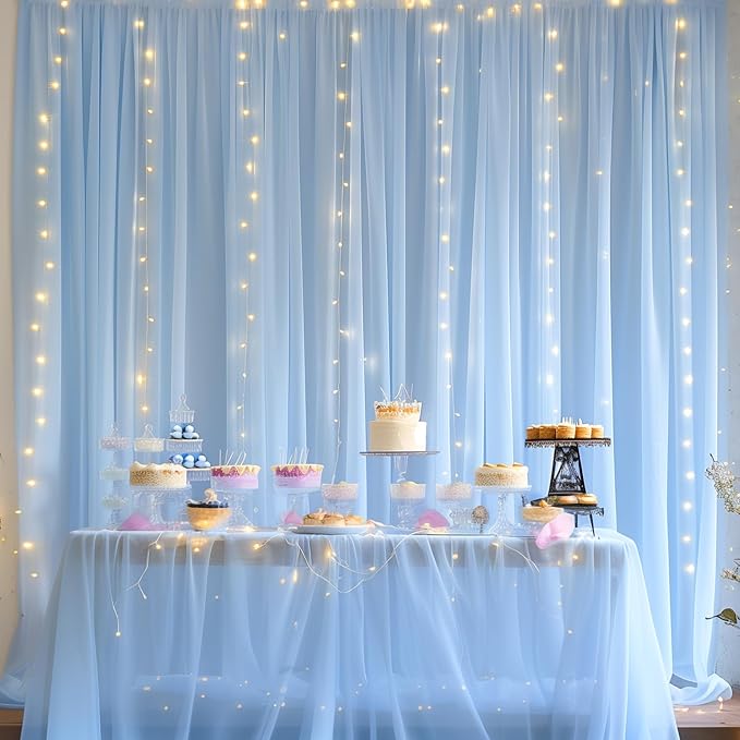 30ft x 10ft Blue Backdrop Curtain with Lights String for Parties, Sheer Tulle Wedding Photo Backdrops Drapes for Baby Shower Birthday Party Decorations Background for Photography
