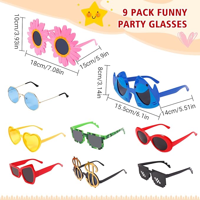 18 PCS Novelty Party Hats and Funny Glasses Pack for Photo Booth Props, 9 Assorted Funny Hats, 9 Fun Sunglasses Props, Crazy Party Hat, Fun Costume Hat Glasses Accessories for Adults