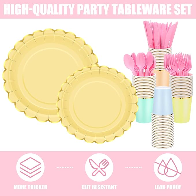 Yaomiao 336 Pcs Plates and Napkins Party Supplies Disposable Dinnerware Set Scalloped Plates Cups Napkin with Plastic Forks Knives Spoons Serve 48 Guests for Birthday Wedding (Rainbow,Classic)