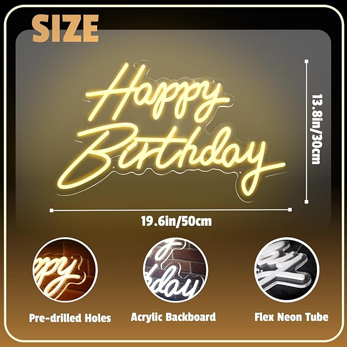 XC Happy Birthday Neon Sign Large Size 19.6×11.8 Inch Birthday Neon Lights for Party Decor Art Light Up Letters Signs for Room Backdrop Reunion Decoration 5V USB (Warm White)