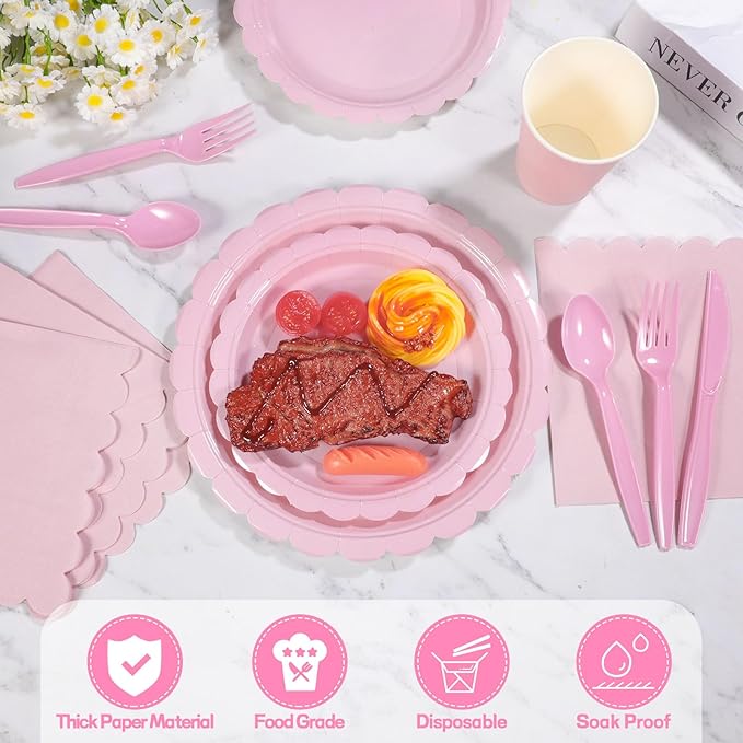 350 Pcs Pink Paper Plates and Napkins, Light Pink Party Supplies Include Valentines Plates Napkins Cups Plastic Spoons Forks Knives for Valentines day, Baby Bridal Shower, Wedding, Birthday