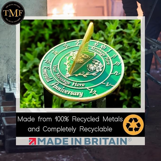 The Metal Foundry Personalized Emerald 55th Large Sundial - Recycled Brass Home Decor Or Garden Present Idea Made in The UK for Parents, Grandparents, Friends, Couples 55 Yr Marriage