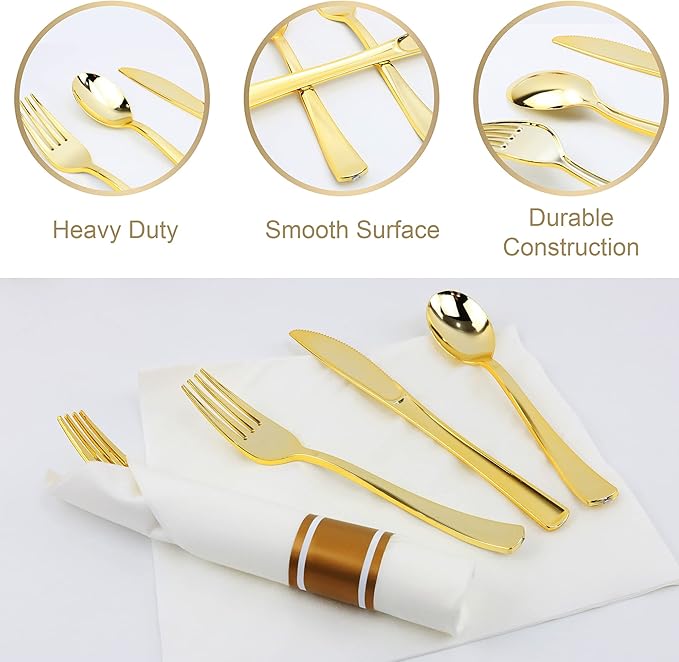 400 PCS Pre Rolled Napkin and Cutlery Set, Gold Plastic Flatware Sets Wrapped in Napkin, Disposable Cutlery Set with 100 Forks, 100 Knives, 100 Spoons, 100 Napkins for Wedding, Party，Dinner