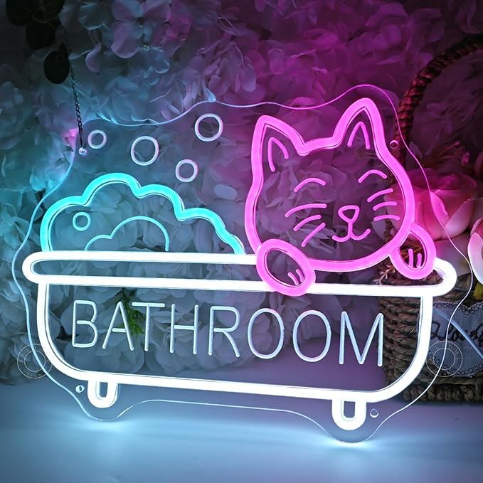 SYLHOME Bathroom Cat Led Neon Light Sign Bath Cat Bathing Home Bathroom Kids Room Funny Wall Sign Decor Birthday Christmas Party 15.75" X 11.4" USB