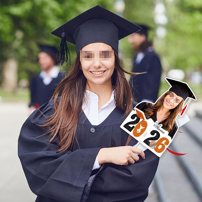 Personalized Graduation Face Fan 2026 Grade Custom Double Sided Face Cutout Fan with Handle Photo Booth Prop Party Supplies(B-Orange and Black,24pcs)