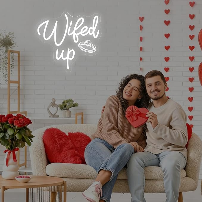 Wifed Up Neon Sign, Funny Romantic LED Light with Engraving Ring for Valentine's Day, Wedding Decor Sign, Bedroom, Party Decor, Couple Space 11.8″ × 10.6″