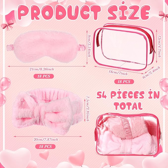 Hoteam 54 Pcs Pink Spa Party Supplies Girls Sleepover Party Favors Set of 18, Pink Bow Headbands, Sleep Eye Masks, Clear Cosmetic Bags for Girls Women Spa Birthday Bachelorette Slumber Favor Gifts