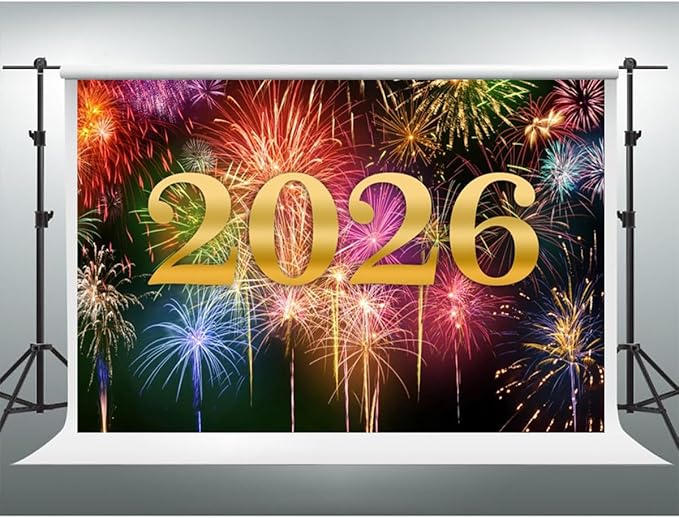 YongFoto 2026 Happy New Year Backdrop 10x6.5ft Glorious Night Sky Fireworks Photography Background Christmas Night Festival Carnival Family Party Banquet Decor Banner Photoshoot Wallpaper Photo Booth