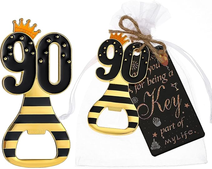 24pcs 90th Gold Keychain Bottle Opener 90th Birthday Party Favors, 90 Keychain Beer Bottle Opener Favors Anniversary Souvenirs Return Gifts for Guests Party Decor Supplies (black 90)