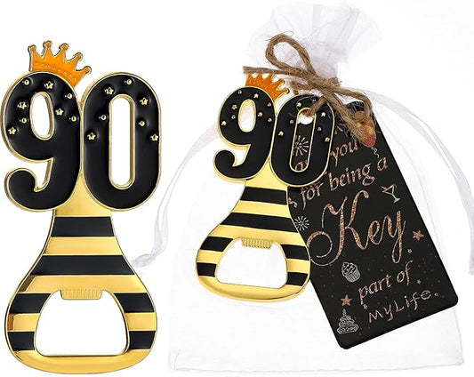 24pcs 90th Gold Keychain Bottle Opener 90th Birthday Party Favors, 90 Keychain Beer Bottle Opener Favors Anniversary Souvenirs Return Gifts for Guests Party Decor Supplies (black 90)