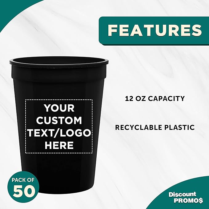 Custom Disposable Plastic Cups 12 oz. Set of 50, Personalized Bulk Pack - Perfect for Summer, Sporting Events, Birthdays, Weddings, Picnic, Beach, Parties - Black