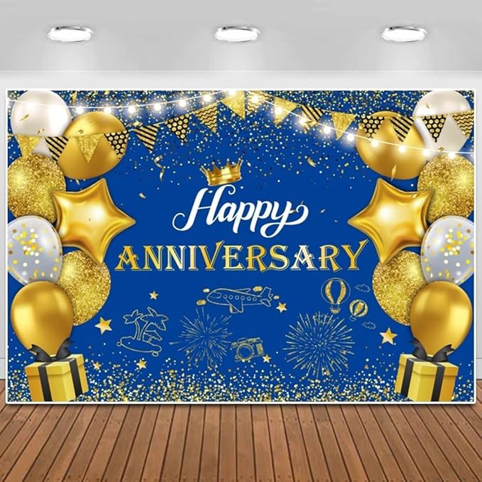 ChloropLastid Happy Anniversary Backdrop Blue Gold Anniversary Decorations for Party Banner 50th 60th Anniversary Birthday Wedding Supplies Photo Booth Props Background 10X8FT
