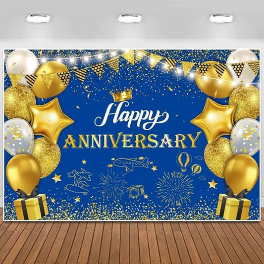 ChloropLastid Happy Anniversary Backdrop Blue Gold Anniversary Decorations for Party Banner 50th 60th Anniversary Birthday Wedding Supplies Photo Booth Props Background 10X8FT