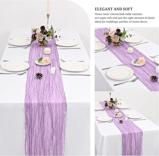 24 Pack Lavender Cheesecloth Table Runner 120 inch Fall Thanksgiving Boho Rustic Gauze Farmhouse 10FT Cheese Cloth Runner for Baby Shower Wedding Party Holiday Home Decor