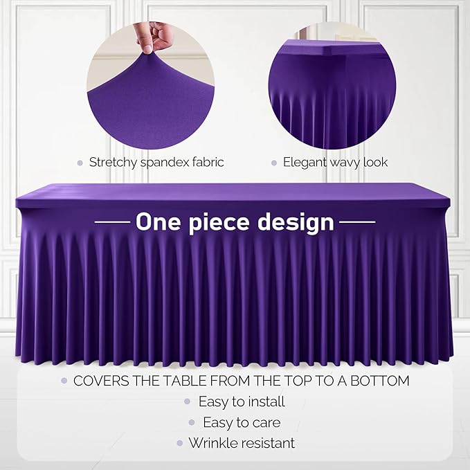 2 Packs Purple Table Clothes for 8 Foot Rectangle Tables, One-Piece Wrinkle Resistant Stretch Spandex Table Covers with Skirt for Event Banquet Wedding Birthday Party
