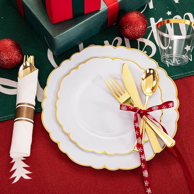 Morejoy 175PCS Gold Plastic Plates，White Gold Disposable Plates with Pre Rolled Napkins:25 Dinner Plates,25 Dessert Plates,25 Spoons,25 Forks,25Knives,25Cups,25Napkins for Party & Christmas