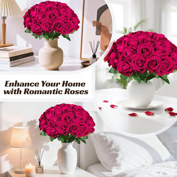100 Pcs Fake Burgundy Red Roses Artificial Flowers Bulk, Faux Velvet Silk Rose Bouquet with Long Stems Real Look for Wedding Party Centerpieces Vases Decor