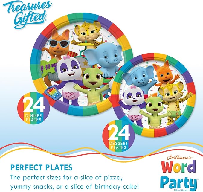Treasures Gifted Officially Licensed Jim Henson’s Word Party Birthday Supplies - Serves 24 Guests - Ultimate Set Birthday Decorations - Word Party Decorations - Banner, Plates & More