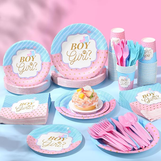 Pickmesh 400 Pcs Gender Reveal Party Supplies Include Boy or Girl Disposable Paper Plates Napkins Cups Cutlery Blue and Pink Gender Reveal Tableware Set for Baby Shower Party Decorations Serve 50