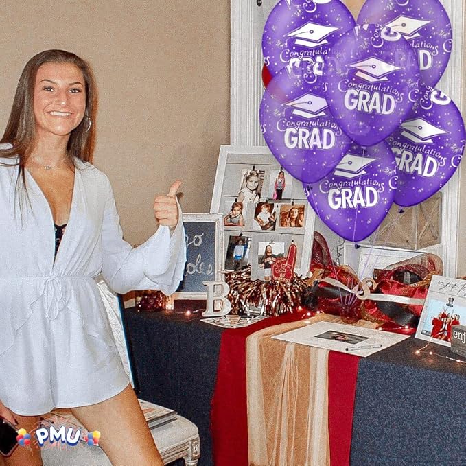 PMU 100 Pcs Crystal Purple Graduation Balloons Class of 2025 with All-Over Print White Grad Caps-Confetti and Streamers | Graduation Party Supplies | Congratulations Grad Latex Balloons Latex
