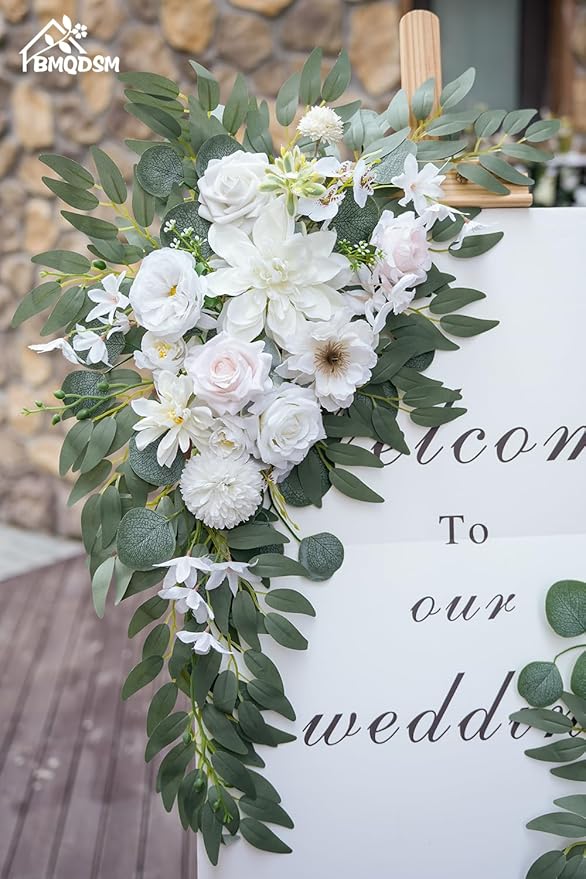 Wedding Arch Faux Flowers Set of 2 Wedding Welcome Sign for Wedding Decor Ceremony and Reception Backdrop Decoration (White)