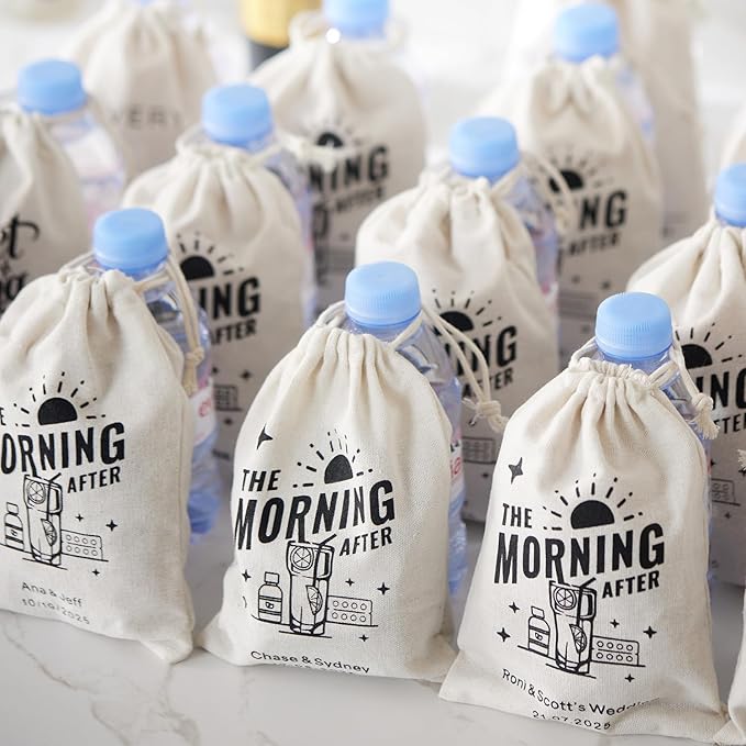 25PCS Custom Wedding Hangover Recovery Kit Bag, Eco-Friendly Ink Hand-Printed Cotton Drawstring Survival Kit, Bachelorette Party & Wedding Guest Favor Emergency Bag